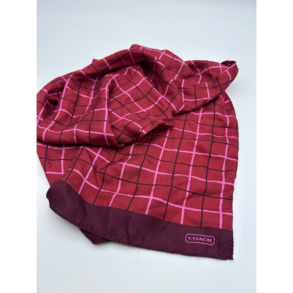 Coach Red Plaid Silk Scarf Long Wrap Windowpane Lightweight